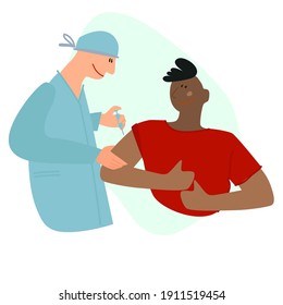 Vaccination time concept. Stop coronavirus concept. Doctor inoculates black male patient, making vaccine injection in shoulder. Vector illustration. Banner, poster, social media post