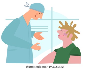 Vaccination time concept. Stop coronavirus concept. Doctor prepairing to inoculate male patient, making vaccine injection in shoulder. Vector illustration. Banner, poster, social media post
