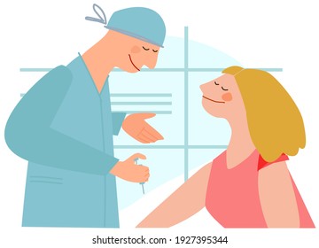 Vaccination time concept. Stop coronavirus concept. Doctor prepairing to inoculate female patient, making vaccine injection in shoulder. Vector illustration. Banner, poster, social media post