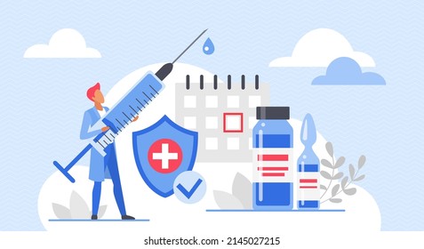 Vaccination time in medical calendar vector illustration. Cartoon doctor holding vaccine syringe to vaccinate and protect against virus. Global immunization, health protection, medicine concept