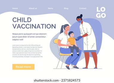 Vaccination time. Nurse inoculates small patient. Mom with child at doctor's appointment. Prevention of infectious diseases. Vector flat cartoon illustration. Web template, landing page, website.