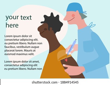 Vaccination time, stop coronavirus concept. Doctor inoculates black female patient, making vaccine injection in shoulder. Vector illustration with place for text. Banner, poster,social media post