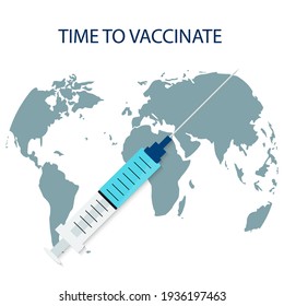 Vaccination time. Virus vaccine, healthcare. World map, globe. Injections, disease prevention. Virus and bacteria protection concept. Flat design vector illustration isolated on white background.
