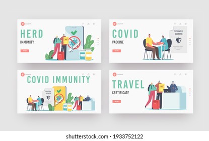 Vaccination for Travelers, Covid Immune Medical Certificate Landing Page Template Set. Characters Getting Vaccine for Health Passport. People in Airport Pass Registration. Cartoon Vector Illustration