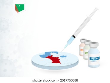 Vaccination in Turkmenistan with different type of COVID-19 vaccine. Сoncept with the vaccine injection in the map of Turkmenistan. Vector illustration.