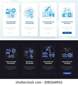 Vaccination types onboarding mobile app page screen. Mandatory vaccine walkthrough 4 steps graphic instructions with concepts. UI, UX, GUI vector template with linear night and day mode illustrations
