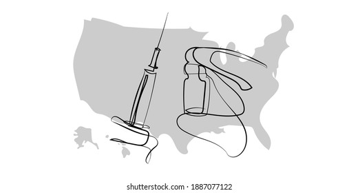 Vaccination in USA. Vector illustration ща syringe with vaccine and vial in the hand and with USA map on the background. Poster, banner for news