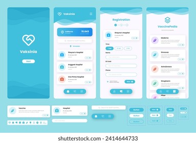 Vaccination User Interface (UI) design kit. Light mode. Mobile application design interface.