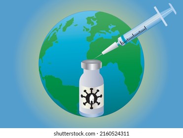 Vaccination or vaccine against monkeypox. Vial and syringe with monkeypox symbol over planet Earth. Global vaccination against monkeypox