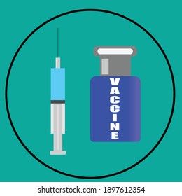 vaccination with vaccine bottle and syringe injection tool for covid19 immunization treatment. Vector illustration. medical concept