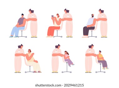 Vaccination. Vaccine in hospital, doctor and patient. Isolated nurse vaccinate adults, child and seniors. Health protection utter vector characters