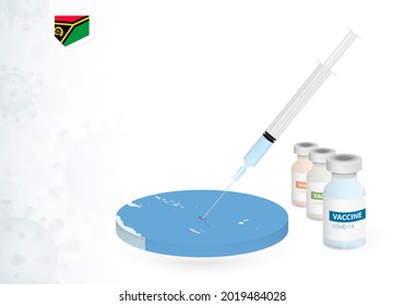 Vacunación en Vanuatu con diferentes tipos de vacuna COVID-19. С concepto con la inyección de la vacuna en el mapa de Vanuatu. Ilustración vectorial.