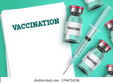 Vaccination vector background template. Vaccine shot, syringe injection and empty blank prescription paper with vaccination text for covid-19 coronavirus immunization and prescription.