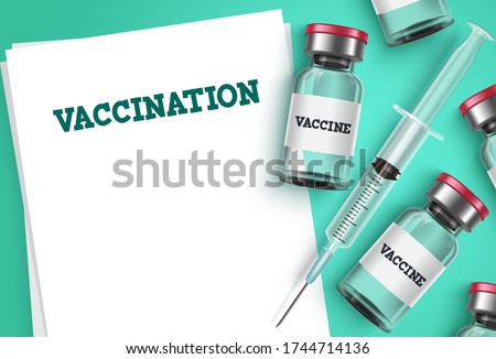 Vaccination vector background template. Vaccine shot, syringe injection and empty blank prescription paper with vaccination text for covid-19 coronavirus immunization and prescription.