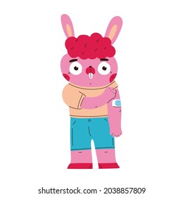 Vaccination vector cartoon concept illustration with cute rabbit character isolated on a white background.