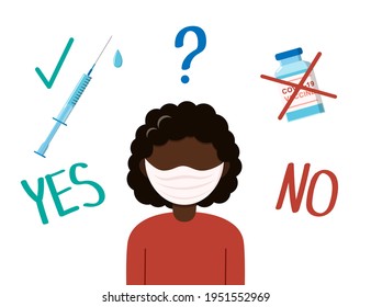 Vaccination vector concept. Black woman making a choice. Flat character with mask desides to vaccinate. Covid vaccine and syringe with cure