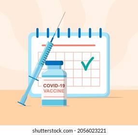 Impfvektorkonzept. Kalender der Covid-19-Impfung. Spritze mit Flüssigkeit, Glasflasche mit Impfstoff. Die Heilung gegen das Koronavirus. Impfplan.