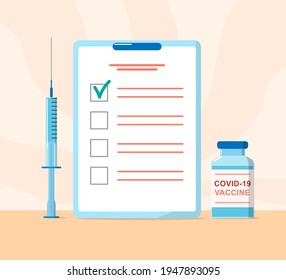 Vaccination vector concept. Syringe with liquid, glass bottle with vaccine. The cure against of corona. Schedule of vaccination. Survey document