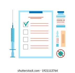 Vaccination vector elements. Syringe with liquid, glass bottles, patch and stop covid sign. Coronavirus vaccine for protection of the virus. Schedule of vaccination.