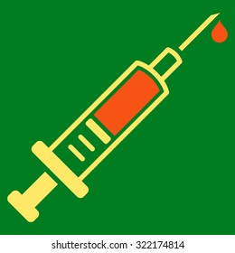Vaccination vector icon. Style is bicolor flat symbol, orange and yellow colors, rounded angles, green background.