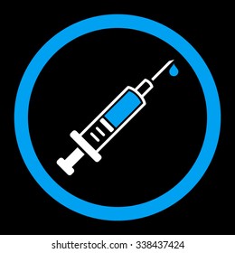 Vaccination vector icon. Style is bicolor flat rounded symbol, blue and white colors, rounded angles, black background.