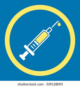 Vaccination vector icon. Style is bicolor flat rounded symbol, yellow and white colors, rounded angles, blue background.