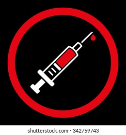 Vaccination vector icon. Style is bicolor flat rounded symbol, red and white colors, rounded angles, black background.