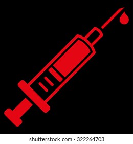 Vaccination vector icon. Style is flat symbol, red color, rounded angles, black background.