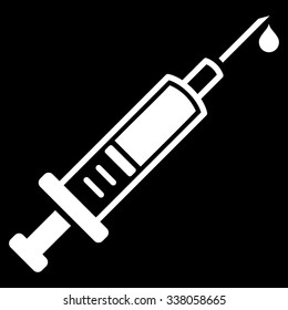 Vaccination vector icon. Style is flat symbol, white color, rounded angles, black background.