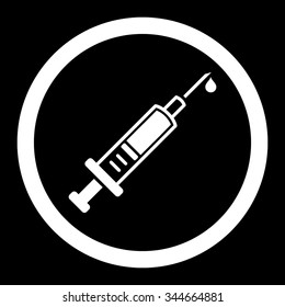 Vaccination vector icon. Style is flat rounded symbol, white color, rounded angles, black background.