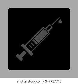 Vaccination vector icon. Style is flat rounded square button, gray and black colors, silver background.