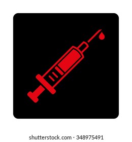 Vaccination vector icon. Style is flat rounded square button, intensive red and black colors, white background.