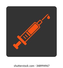 Vaccination vector icon. Style is flat rounded square button, orange and gray colors, white background.