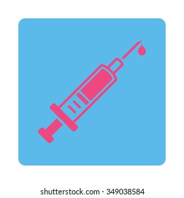 Vaccination vector icon. Style is flat rounded square button, pink and blue colors, white background.