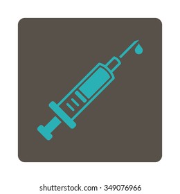 Vaccination vector icon. Style is flat rounded square button, cyan and grey colors, white background.