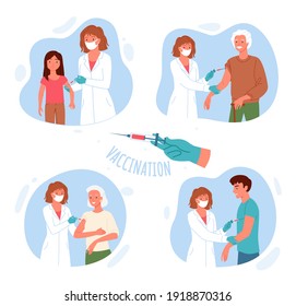 Vaccination vector illustration. Cartoon nurse or doctor character holding syringe, doing antiviral injection with vaccine drug to kid, old or young people for immunity, immunization isolated on white