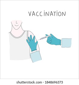 Vaccination vector illustration. Doctor injects vaccine in a patient's shoulder. For medical publications, immunization and vaccination campaigns.