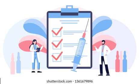 Vaccination vector illustration. Flat virus injection persons concept. Preventive medication dose to protect body from epidemic infection, virus, disease and illness. Bacteria outbreak immunity.