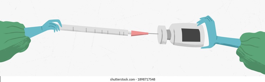 Vaccination vector illustration. Hands in gloves holding vaccine and syringe.
