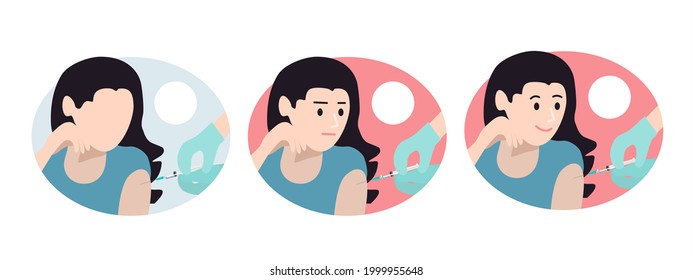 Vaccination, vector illustration. Mandatory vaccination during an epidemic and pandemic. The girl experiences different emotions from the vaccination. Vaccination against coronavirus. Medical theme.