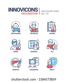 Vaccination - vector line design style icons set. Healthcare and disease prevention mobile app idea. For children, adults, vaccine, nurse, schedule, flu, hepatitis, chickenpox, safety images