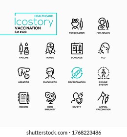 Vaccination - vector line design style icons set. Healthcare and disease prevention. Vaccine, nurse, schedule, flu, hepatitis, chickenpox, safety, herd immunity, record, revaccination, immune system