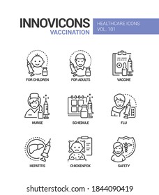 Vaccination - vector line design style icons set. Healthcare and disease prevention mobile app idea. For children, adults, vaccine, nurse, schedule, flu, hepatitis, chickenpox, safety images