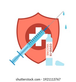 Vaccination Vektor Poster. Spritze mit Flüssigkeit und Glasflasche. Coronavirus-Impfstoff zum Schutz des Virus. Roter Schild mit Medizin.