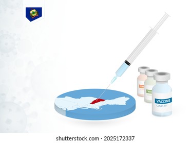 Vaccination in Vermont with different type of COVID-19 vaccine. Сoncept with the vaccine injection in the map of Vermont. Vector illustration.