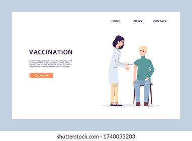 Vaccination and virus prevention web banner template with doctor and patient cartoon characters, flat vector illustration. Influenza and viral disease immunization.