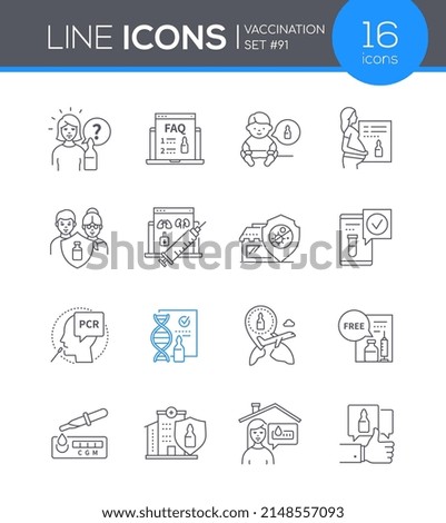 Vaccination and virus protection - line design style icons set with editable stroke. Pass a PCR test, get free medicine, contraindications for pregnant, risk group, syringe, hospital. Healthcare idea