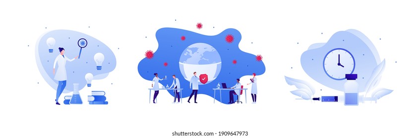 Vaccination and virus study concept. Vector flat people illustration set. Vaccine shot in syringe. Red shield symbol. Male and female team of scientist research. Planet earth with face medical mask.