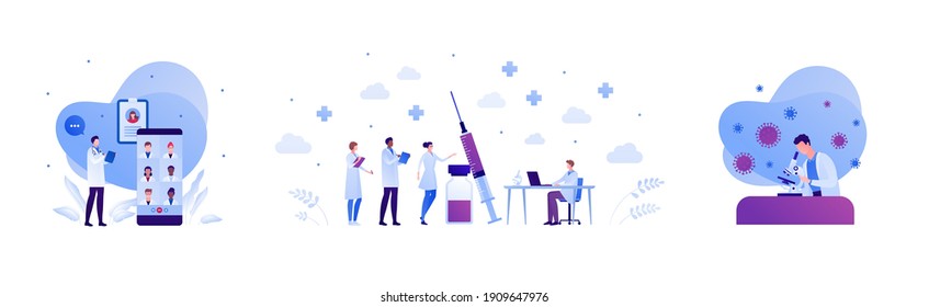 Vaccination and virus study concept. Vector flat people illustration set. Red shield symbol. Team of scientist research. Vaccine in syringe, microscope and vial. Tele conference on smartphone screen.