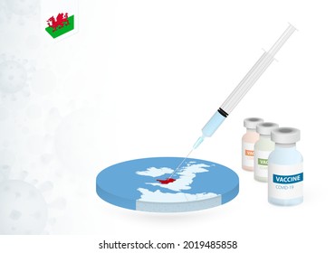 Vaccination in Wales with different type of COVID-19 vaccine. Сoncept with the vaccine injection in the map of Wales. Vector illustration.